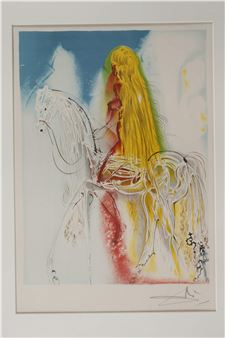 A vibrant, abstract portrait of a figure with long yellow hair riding a white horse against a blue and white background.