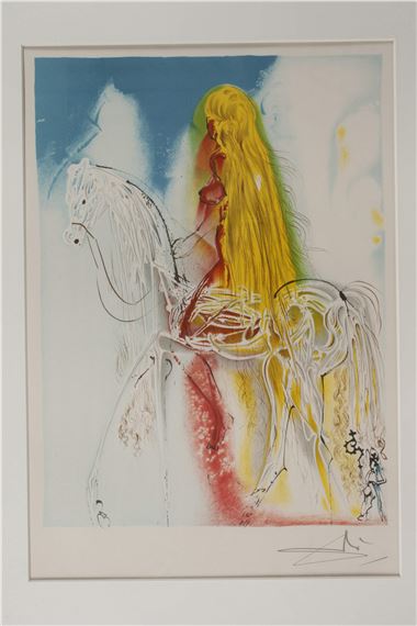 A vibrant print of a figure with long yellow hair riding a white horse against a blue background.
