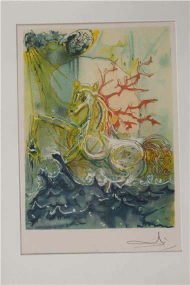 A surreal watercolor print of a seahorse emerging from stylized waves.