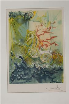 A surreal watercolor print of a mythical horse-like creature emerging from turbulent waves.