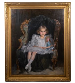 Monumental Portrait of Marjorie Caldwell Westinghouse, the Beautiful Young Daughter of Henry Herman Westinghouse (1853-1933), Niece of George Westinghouse (1846-1914), in her Easter Dress with Doll, sitting on a French settee, probably about ten years old, oil on canvas, unsigned, housed in $6000 custom gold matched corner deep cove frame. Picture