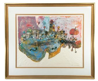 A colorful abstract cityscape featuring a large violin body as the central ground.