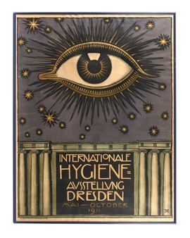 A vintage poster featuring a large eye surrounded by stars above classical columns and text.