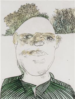 A sketchy portrait of a bald figure in a green striped shirt against a white background with foliage.