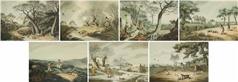 A series of eight monochromatic landscape panels depicting rural scenes with figures and animals.