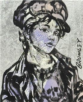 A gritty portrait of a figure in a cap, rendered with bold ink and textured washes.