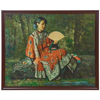 A figure in ornate red robes sits serenely in a forest, holding a fan amidst lush greenery.