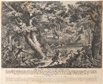 A detailed wood engraving of a chaotic forest scene filled with figures in motion.