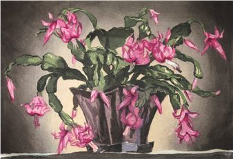 A still life painting of a potted plant with cascading pink flowers and green leaves.