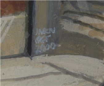 A close-up of a textured architectural corner with visible stone masonry and a dark vertical element.