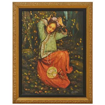 A seated figure in a forest setting, holding a fan and adjusting their hair.