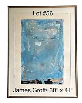 An abstract expressionist piece featuring layered blue tones and textured brushwork.