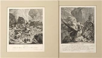 A diptych of classical black-and-white engravings depicting mythological figures in dramatic landscapes.