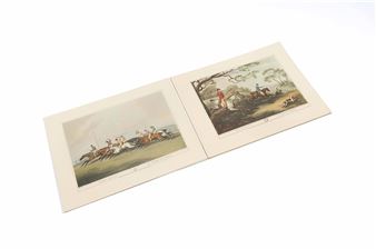An open book displaying two distinct colored prints of equestrian scenes.