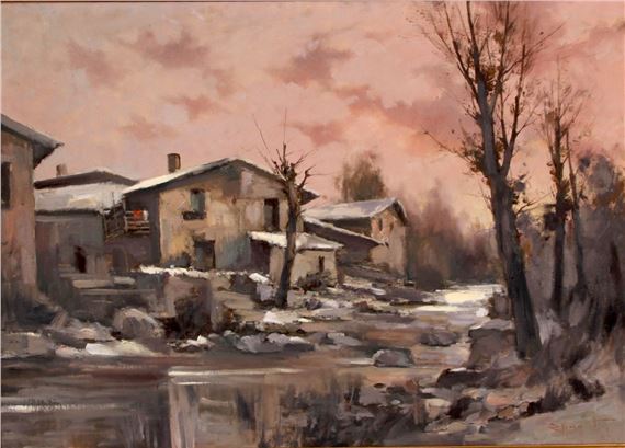 A winter village scene rendered in soft, muted tones with a pinkish sky.