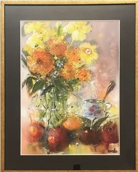 A vibrant still life painting featuring a bouquet of yellow and orange flowers, a teacup with a spoon, and red apples on a table.