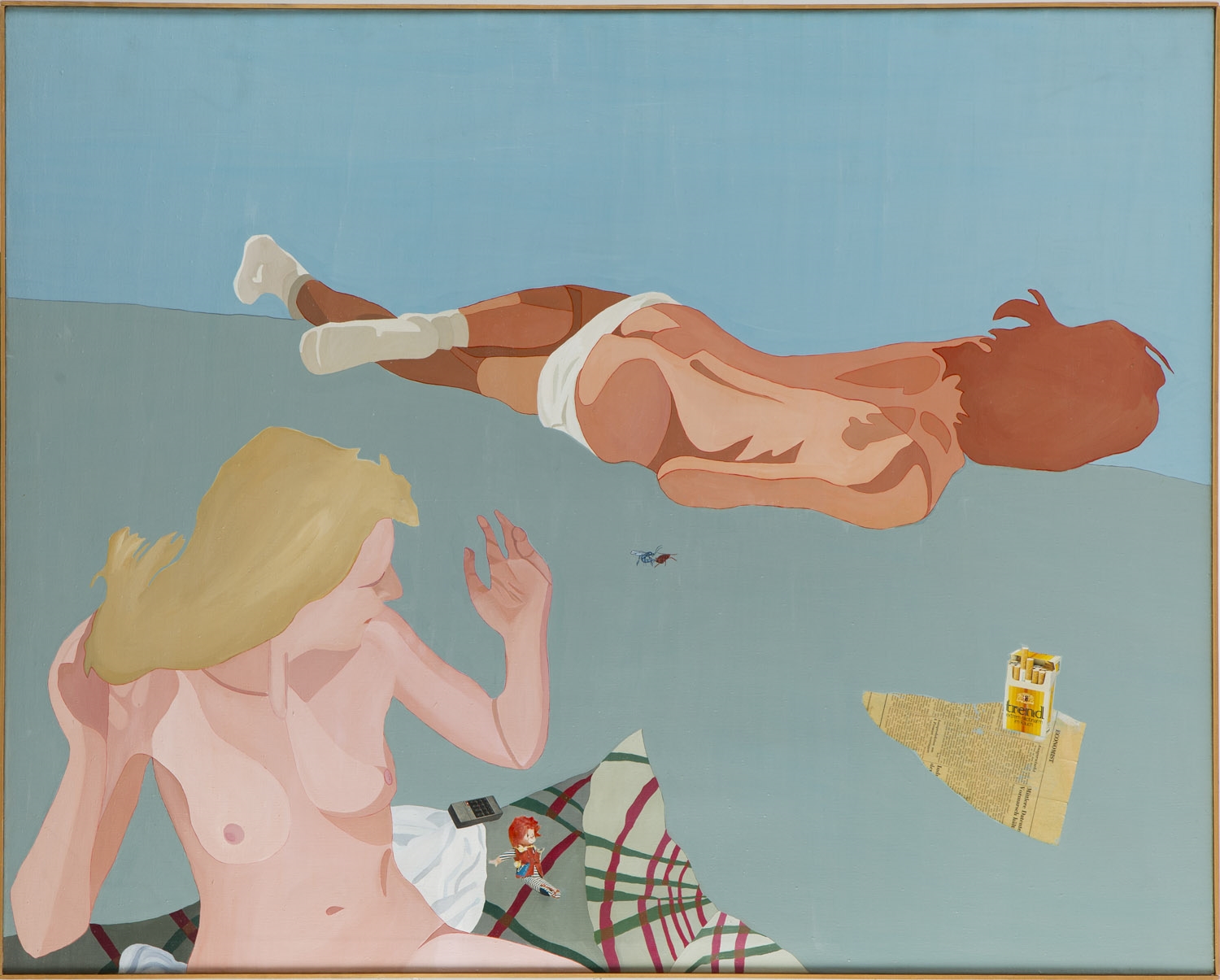 A surreal painting of a nude figure floating horizontally against a blue background, with a disembodied hand and an insect below.