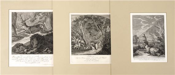 A triptych of black-and-white woodcut prints depicting a lion, a forest scene with figures, and a moonlit landscape.