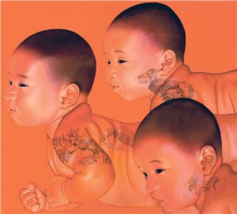 A minimalist nursery interior featuring a vibrant orange artwork of three children above a wooden crib.