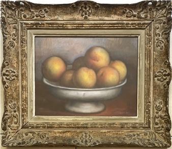 A still life painting of peaches in a bowl within an ornate frame.