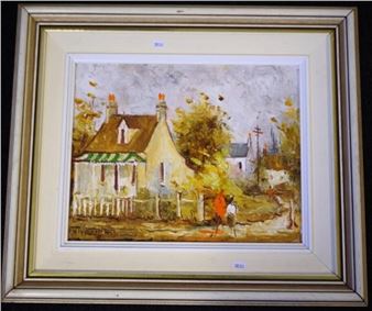 A framed oil painting of a rustic village street scene with autumnal tones and impressionistic brushwork.