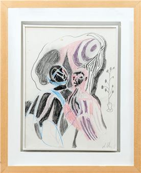 An expressive charcoal and pastel drawing of two abstract figures embracing, rendered in bold black lines with soft pink and purple washes.