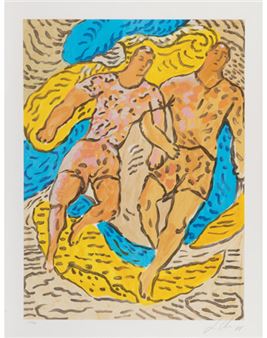 A vibrant print of two figures entwined in a dynamic pose against a swirling background.
