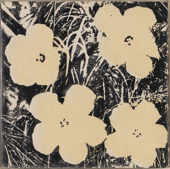 A bold black-and-white print featuring four large, stylized flowers against a textured background.