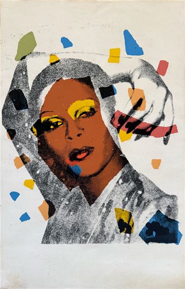 A stylized portrait of a person with bold color blocks and graphic textures.