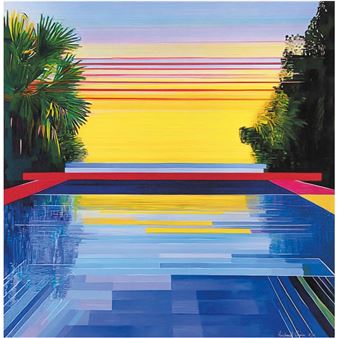 A vibrant pool scene at sunset with a geometric, abstract style.