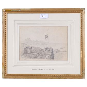A framed charcoal sketch of a coastal landscape with a small hut and figures near a flag.