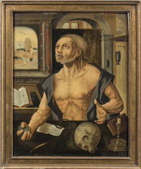 A muscular figure in a dark robe sits at a desk with a skull, book, and candle.