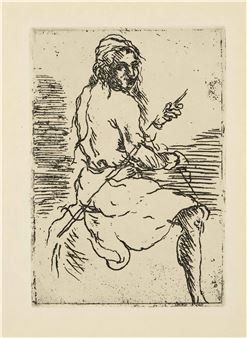 A sketch of a seated figure holding a small object against a background of horizontal lines.