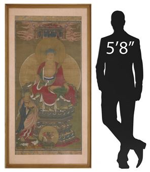 LARGE CHINESE VERTICAL SCROLL INK PAINTING ON SILK, SEATED BUDDHA, 72"H
