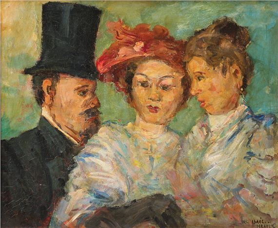 A close-up portrait of three figures in formal attire against a textured green background.