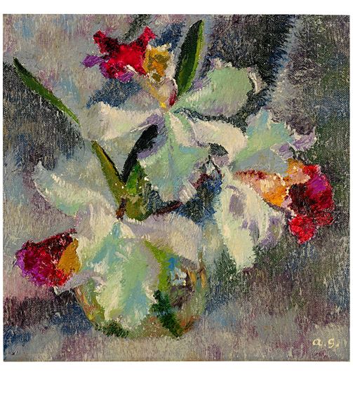 A vibrant floral still life featuring white orchids with red accents set against a textured, muted background.