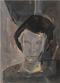 A somber portrait of a figure with dark hair and pale skin, rendered in muted earth tones.