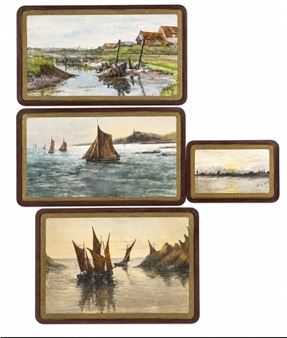 A collection of four framed maritime scenes depicting coastal landscapes and sailing vessels.