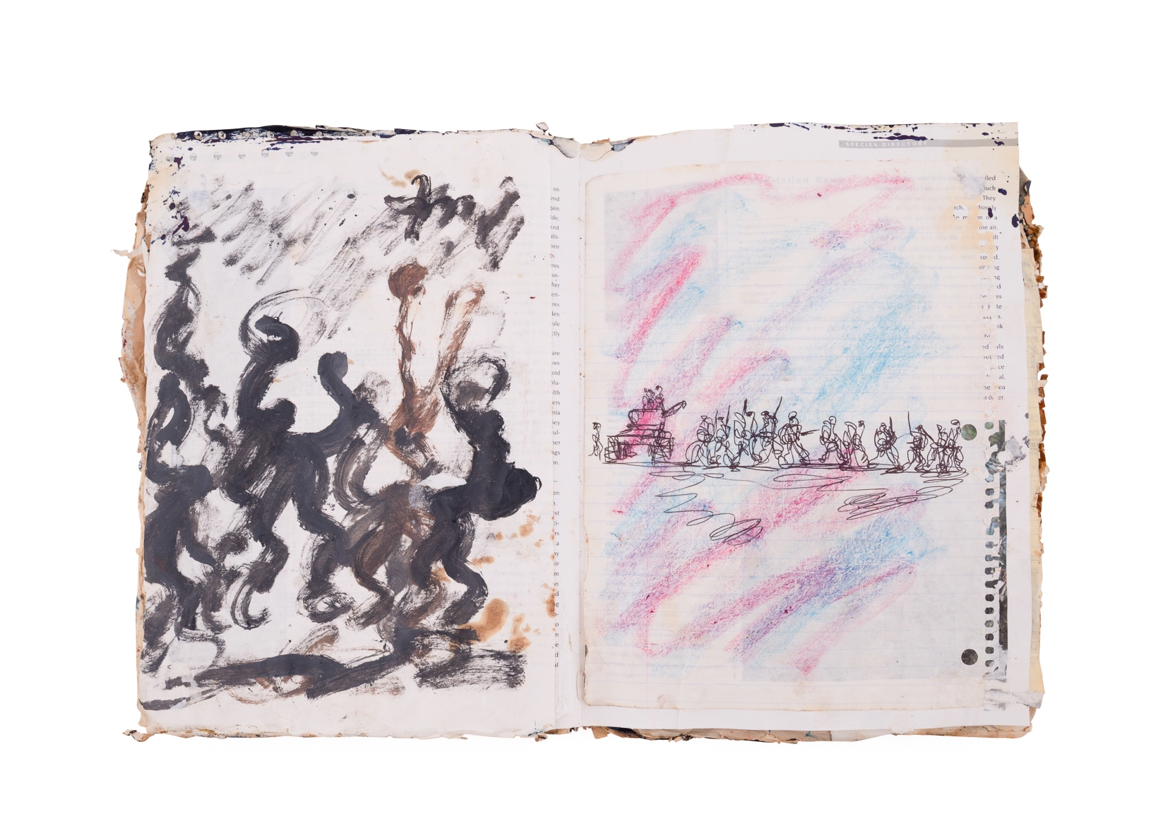 A worn, dark-bound book with visible signs of age and use.