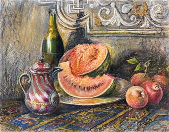 A still life painting featuring a striped teapot, a halved watermelon, and pomegranates on a patterned cloth.