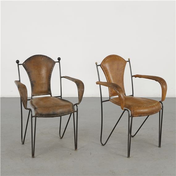 Pair of Iron and Leather Armchairs, 1960s - Jacques Adnet
