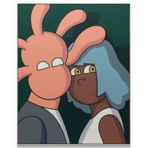 A stylized illustration of two figures sharing an intimate moment against a dark green background.
