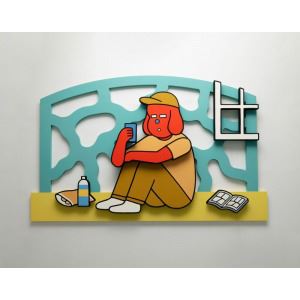 A stylized relief artwork of a figure sitting and looking at a phone, surrounded by everyday objects.