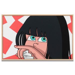 A stylized portrait of a figure with long black hair and bright eyes, holding a white object to their mouth against a red and white geometric background.