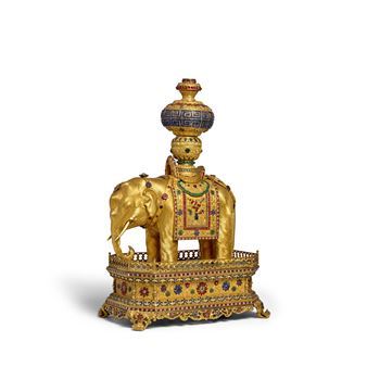 A MAGNIFICENT GILT COPPER ALLOY GLASS-EMBELLISHED ELEPHANT STAND