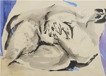 An abstract ink study of a reclining figure on neutral paper with blue accents.