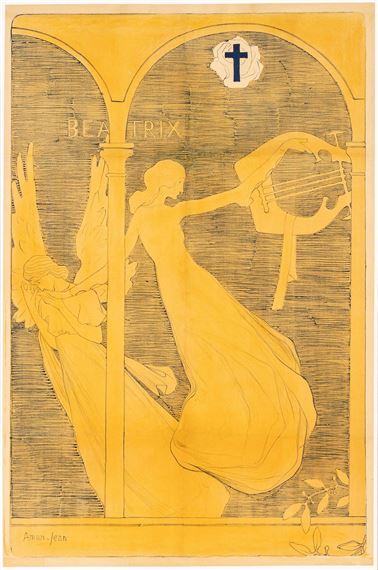 A stylized illustration of a figure playing a harp within an arched architectural frame.