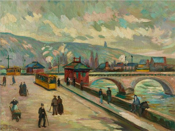 A vibrant impressionist street scene featuring a yellow tram, a stone bridge, and figures against a hazy sky.