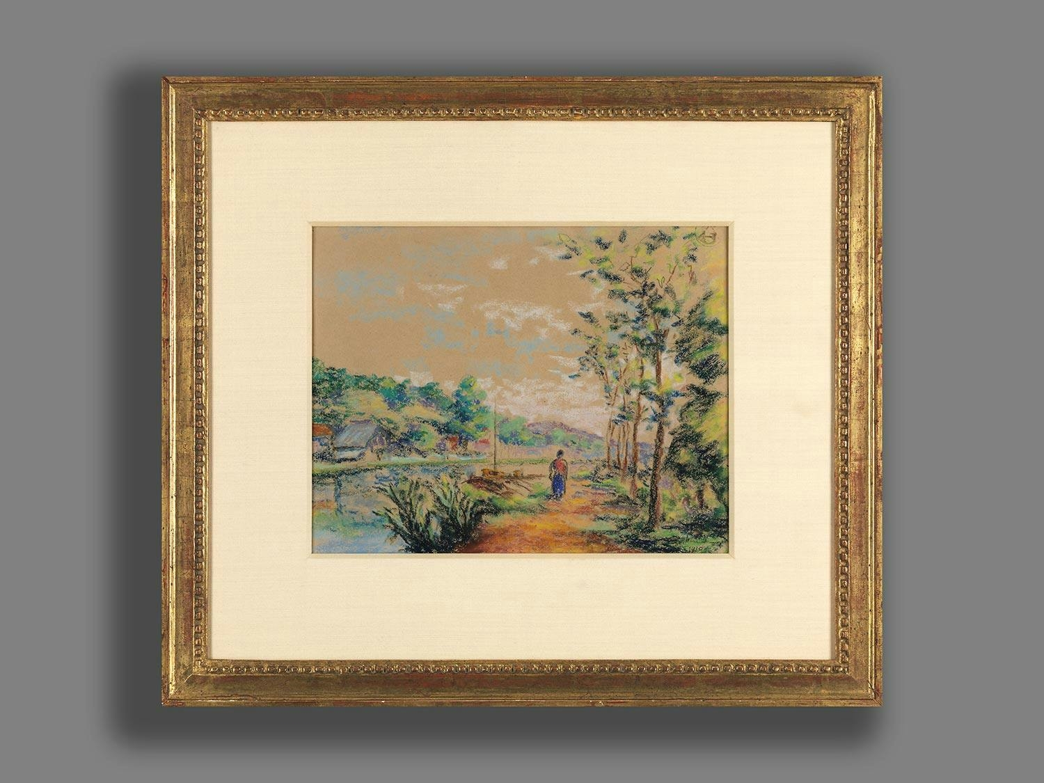 A pastel landscape featuring a solitary figure walking along a path near a body of water.