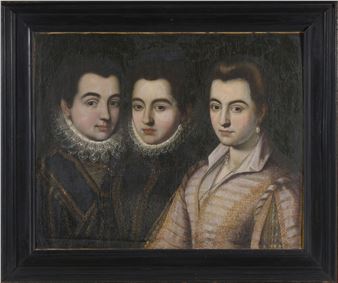 A formal portrait of three figures in period clothing against a dark background.